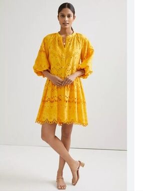 Anthropologie marigold yellow puff sleeve eyelet cotton dress